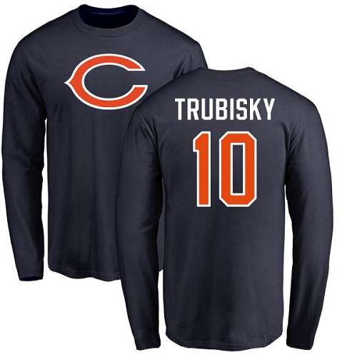 Chicago Bears Men Navy Blue Mitchell Trubisky Name and Number Logo NFL Football #10 Long Sleeve T Shirt